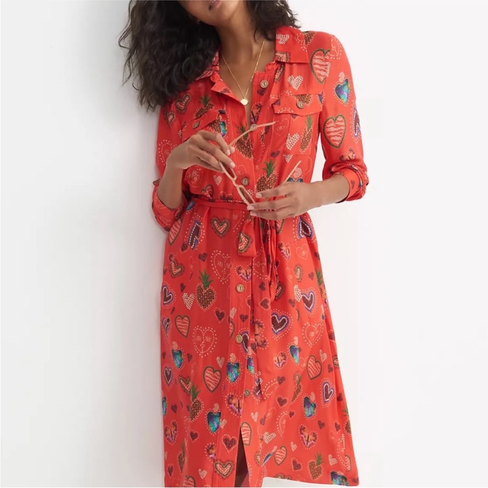 Anthropologie FARM Rio Red Heart Print Button Down Shirt Dress MP